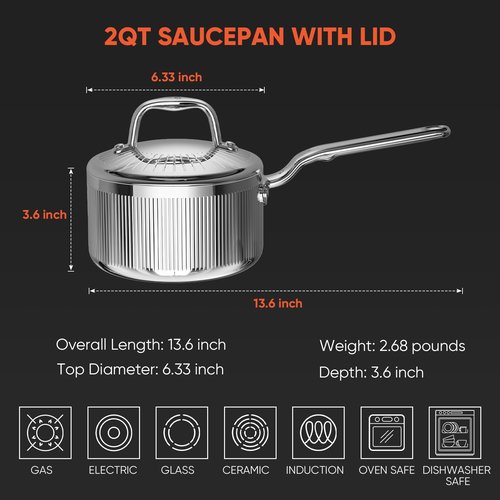 GLOBEHOME 2 Quart Saucepan with Lid, 5-Ply Stainless Steel Sauce Pan, Induction Compatible & Oven Broiler Safe to 800°F, Heavy Duty Sauce Pot for Even Heating, Dishwasher Safe