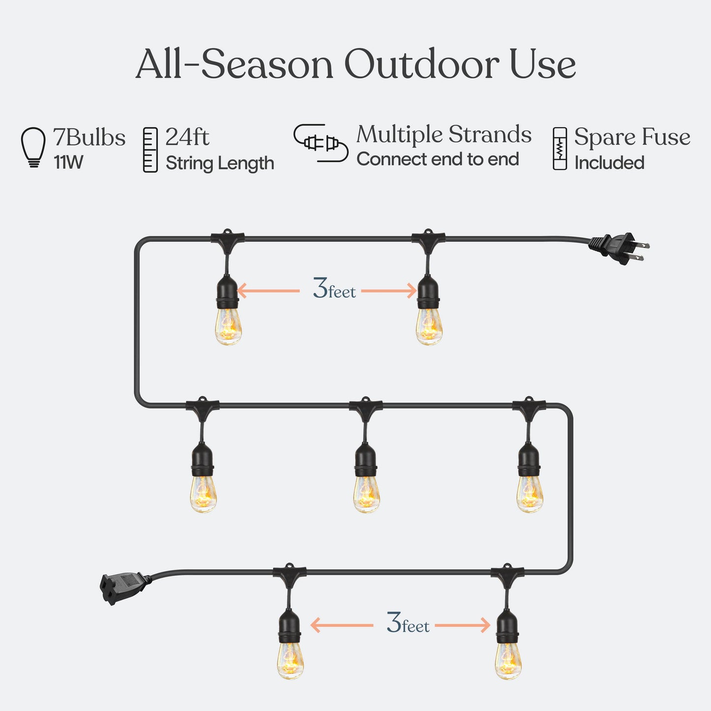 Brightech Ambience Pro Incandescent Outdoor String Lights - Commercial Grade Waterproof Patio Lights with 24 Ft Dimmable Edison Bulbs, Porch String Lights for Patio, Backyard, Christmas - 7 Bulbs 11W
