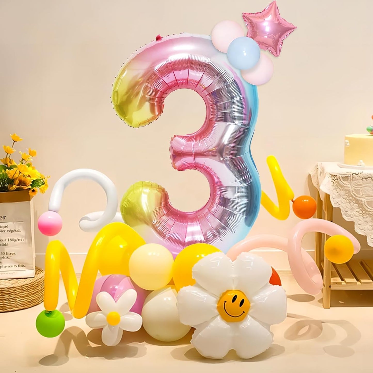Skiennix 40-Inch Giant Rainbow Number 3 Balloons - Helium Mylar Foil for Kids' Birthday Party & Baby Showers
