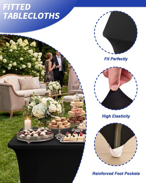 Fixwal Black Table Cloth 2 Pack 6FT for Rectangular Table Spandex Fitted Table Covers Washable Stretch for Parties, Trade Shows, Banquet, Weddings, Buffet