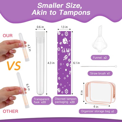 64 Pcs Tampon Flasks Set Includes 20 Reusable Plastic Flasks, 40 Self Adhesive Wrappers, 2 Funnels, Clear Storage Bag, Clean Brush, Tube Flasks for Cruise Event, Concert, Outdoor Sports (Purple)