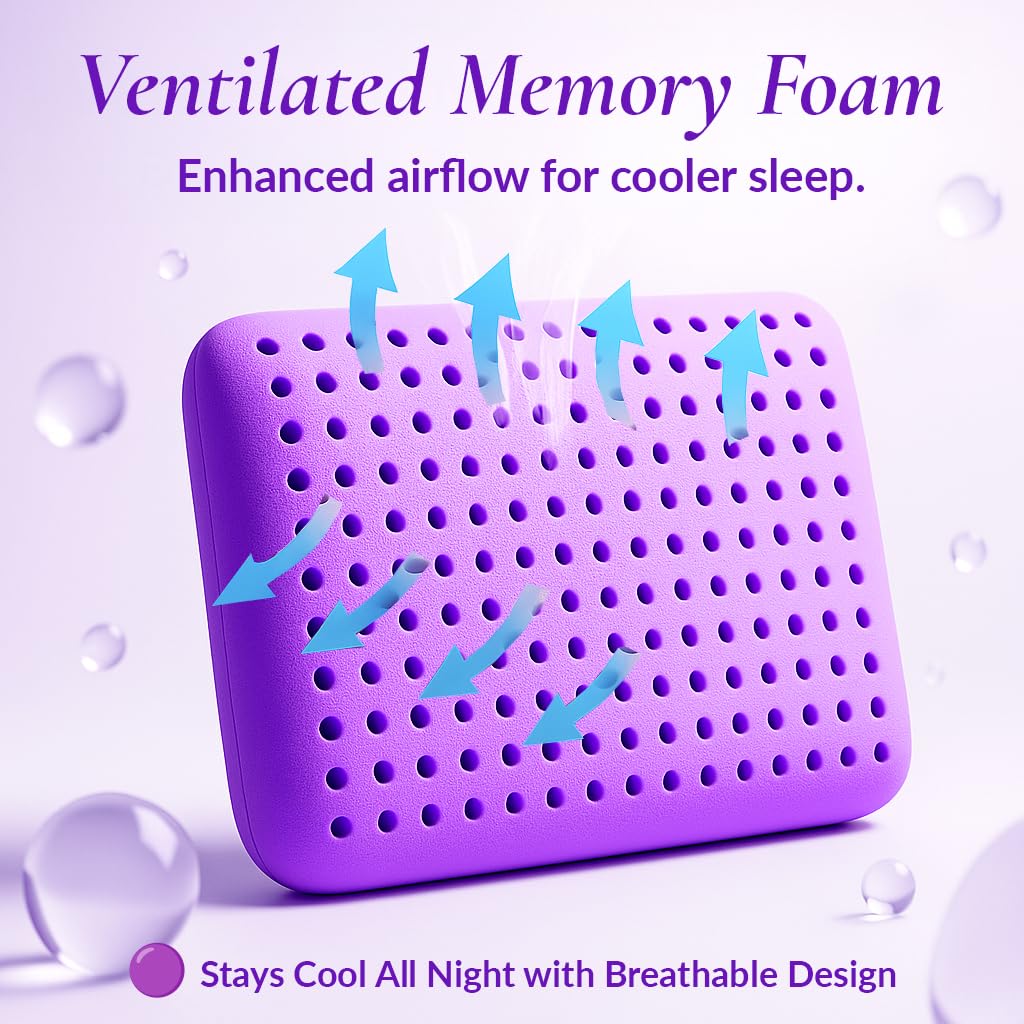 OMEO 2 Pack Lavender Cooling Memory Foam Bed Rest Pillows, Ventilated Memory Foam Cooling Pillow for Stomach, Back and Side Sleeper Support, Washable Removable Cover Sleeping Pillows, 24" x 16"