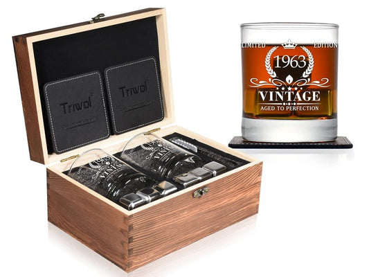 62nd Birthday Gifts for Men, Vintage 1963 Whiskey Glass and Stones Gift Set of 2, Funny 62 Birthday Gift for Dad Husband Brother, 62 Birthday Present Ideas for Him, 62 Year Old Bday Decorations