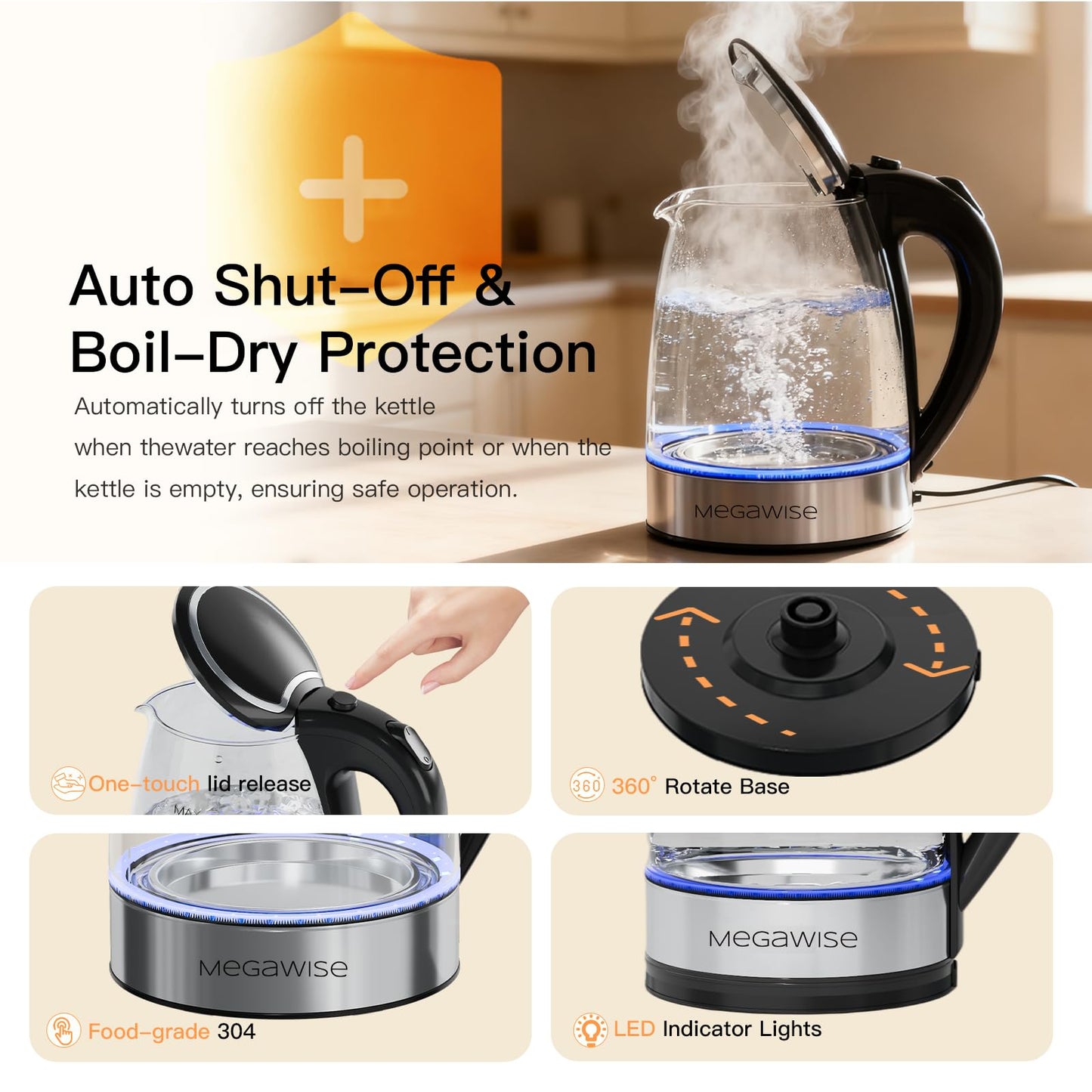 Megawise Electric Glass Kettle with Auto Shut-Off, BPA-Free, Stainless Steel Inner Lid & Base, Blue LED Indicator, Easy Clean, Cord Storage (1.8L)