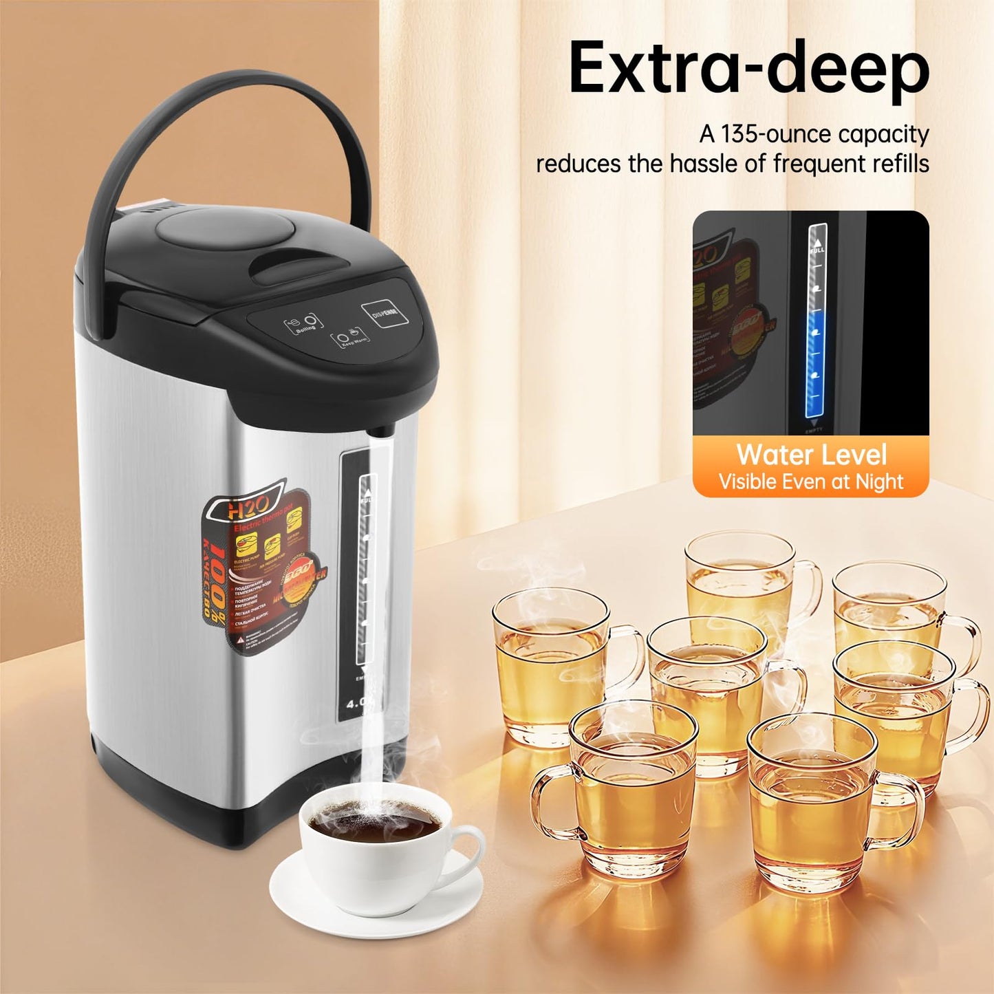 Water Boiler & Warmer, 750W 4L Electric Stainless Steel Water Boiler with 3 Dispensing Modes and Filter Mesh, Water Kettle Daily Use