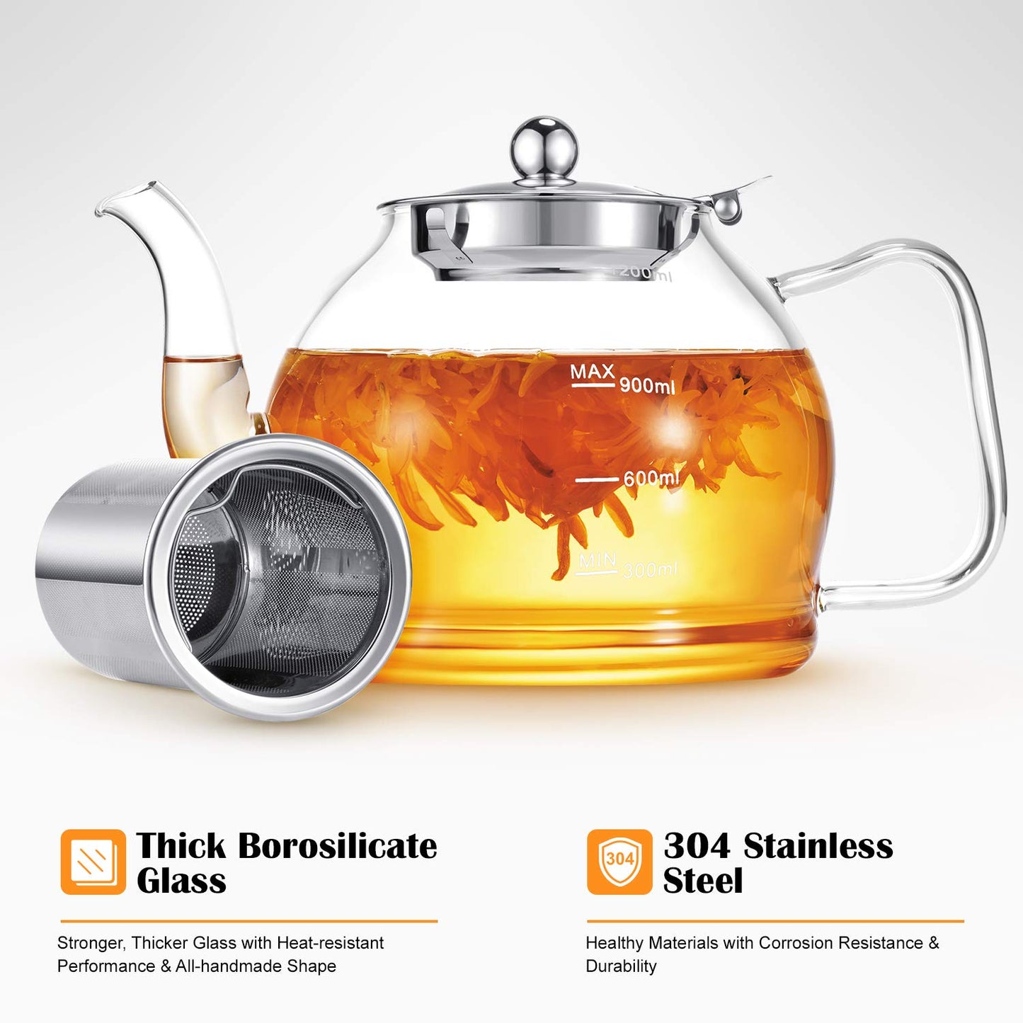 STNTUS Glass Teapot, 40 oz. / 1200 ml for Loose Tea, With Infuser and Stainless Steel Strainer, Stovetop Safe, 4-6 Cups