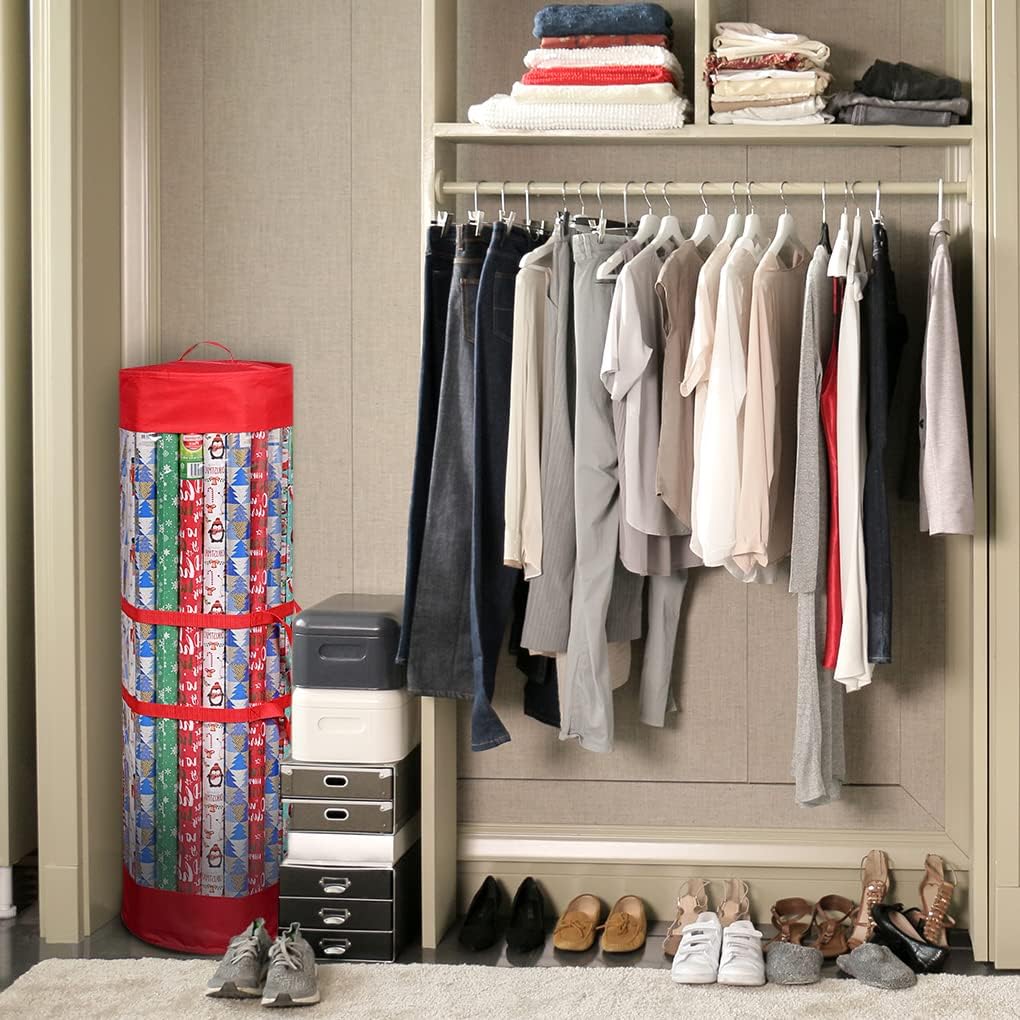 ProPik Gift Wrap Organizer - Heavy-Duty Wrapping Paper Storage Bag Holds 24 Rolls | 40-Inch Red & Clear