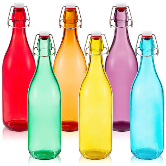 Teenyyou 6 Pcs Assorted Color Glass Bottles 1 L/ 33.75 oz Decorative Wine Bottles Flip Top Glass Water Bottle with Airtight Lid for Home Decor Garden Tree Yard Outdoor Decorations