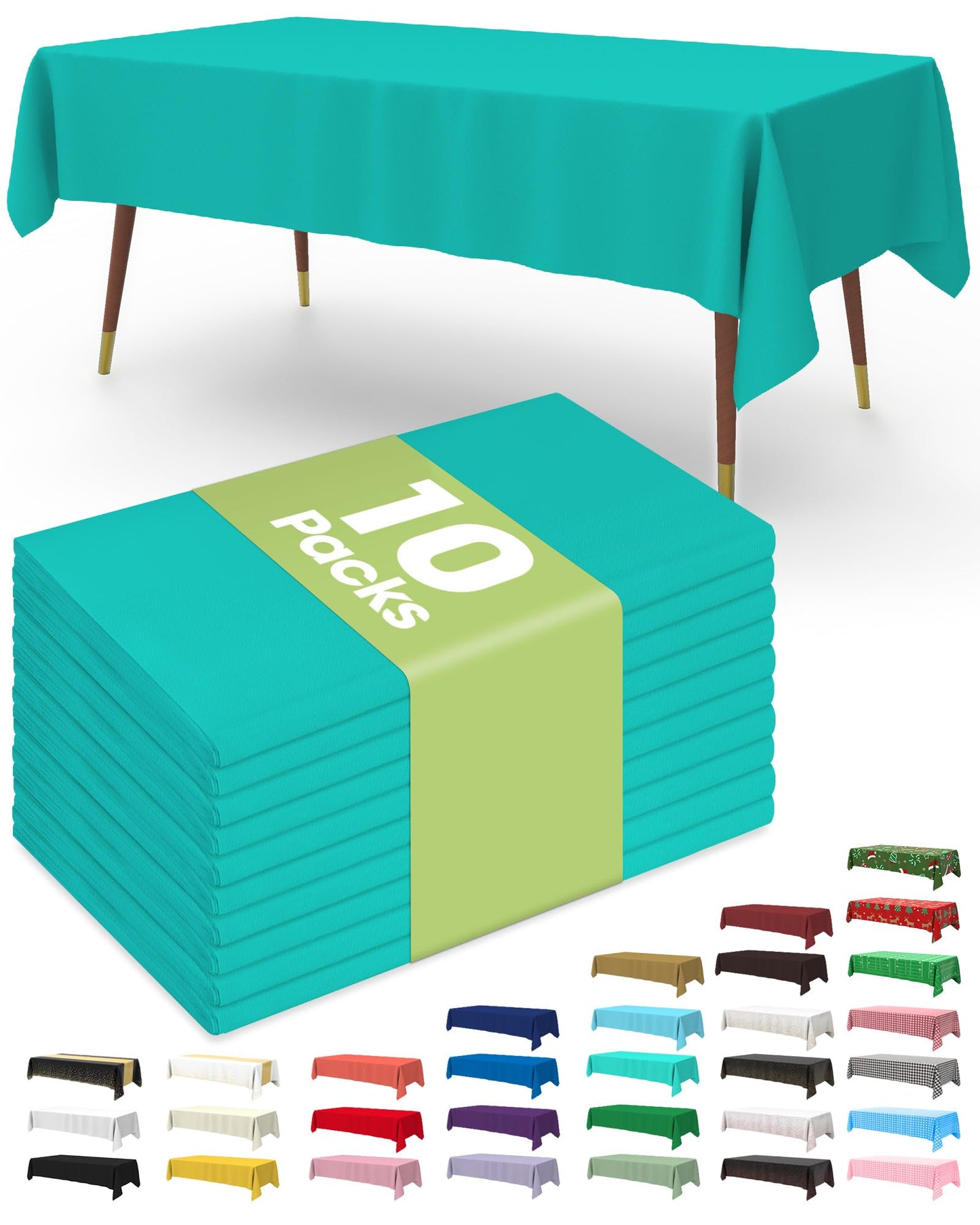 Pureegg Plastic Table Cloth Disposable 10 Pack, 54 x 108 Inch Table Cloths, Easter Party, Summer, Decorative Tablecloths, Rectangle, Turquoise Plastic Cover, Leakproof & Sturdy, Teal
