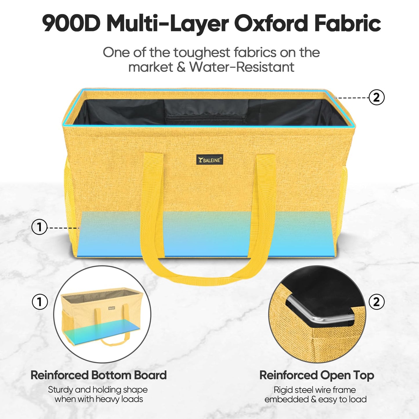 BALEINE Extra Large Utility Tote Bag with Reinforced Wire Frame, Reusable Grocery Bag for Shopping, Picnic (Yellow, 22''x12''x10'')