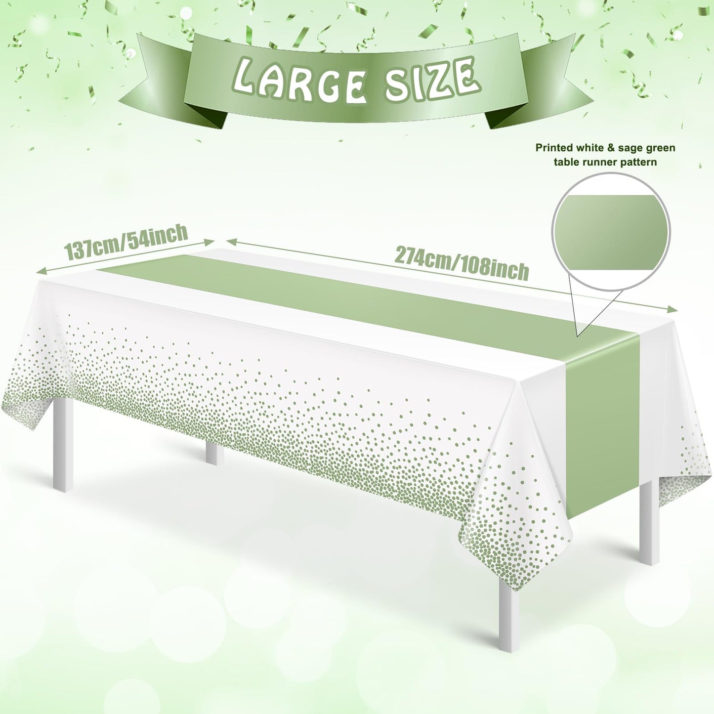3Pcs White and Sage Green Tablecloth Decorations,Plastic White Table Cloth Printed Green Table Runner Disposable Rectangle Tables Cover for Birthday Wedding Anniversary Graduation Party,54 x108 Inch