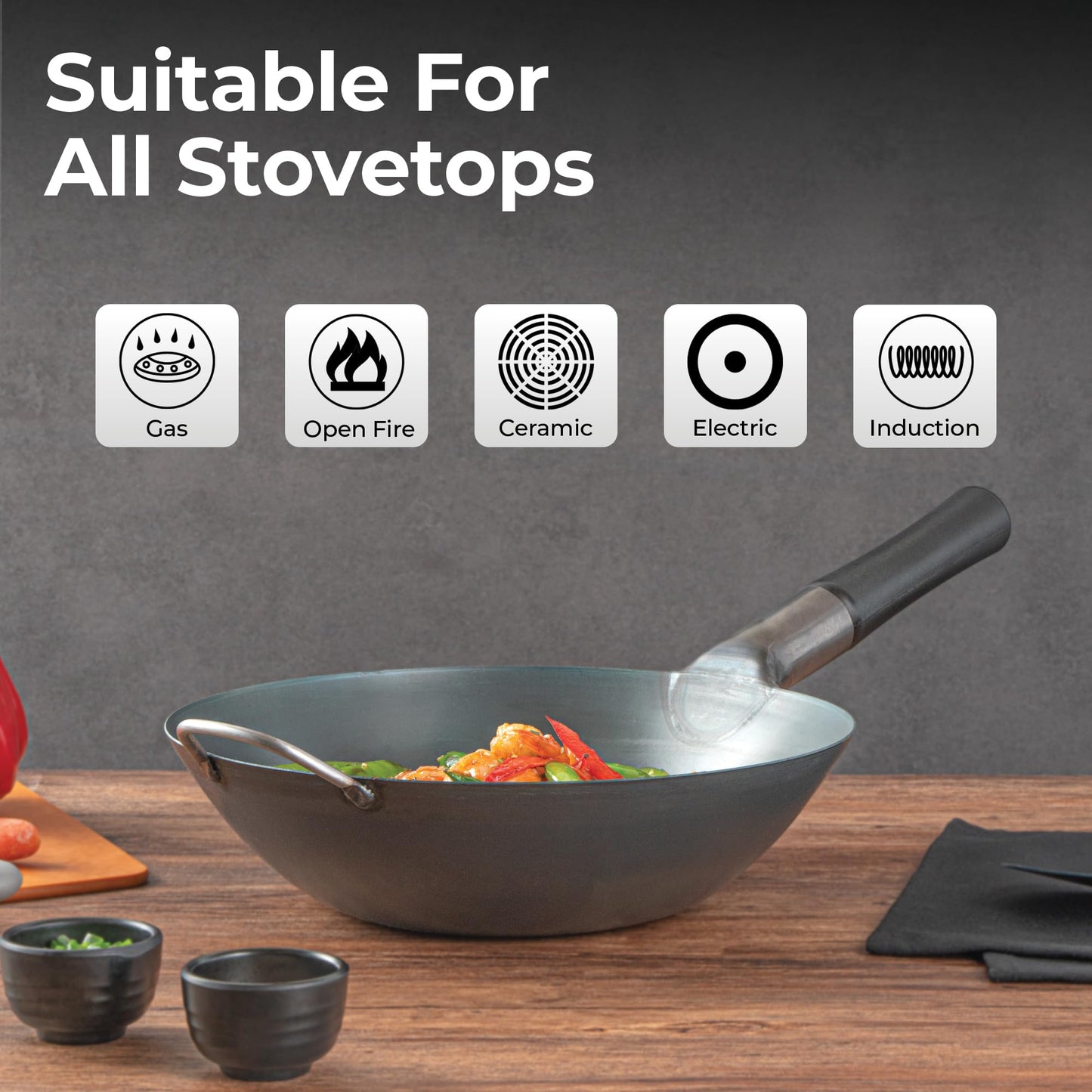 Restaurantware Carbon Steel Wok 1 Pack of 14 Inch Heavy-Duty Uniform Heat Distribution Pan Induction Compatible Round Bottom Wok Welded Handle Black For Gas Stovetops And Grills