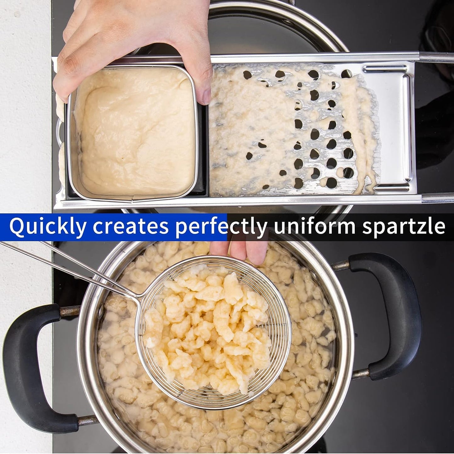 Mlesi Premium Grade Stainless Steel Spaetzle Maker Widen Plastic Handle Homemade Egg Noodle Dumpling Perfect Sized for pots and Pans Making Tool