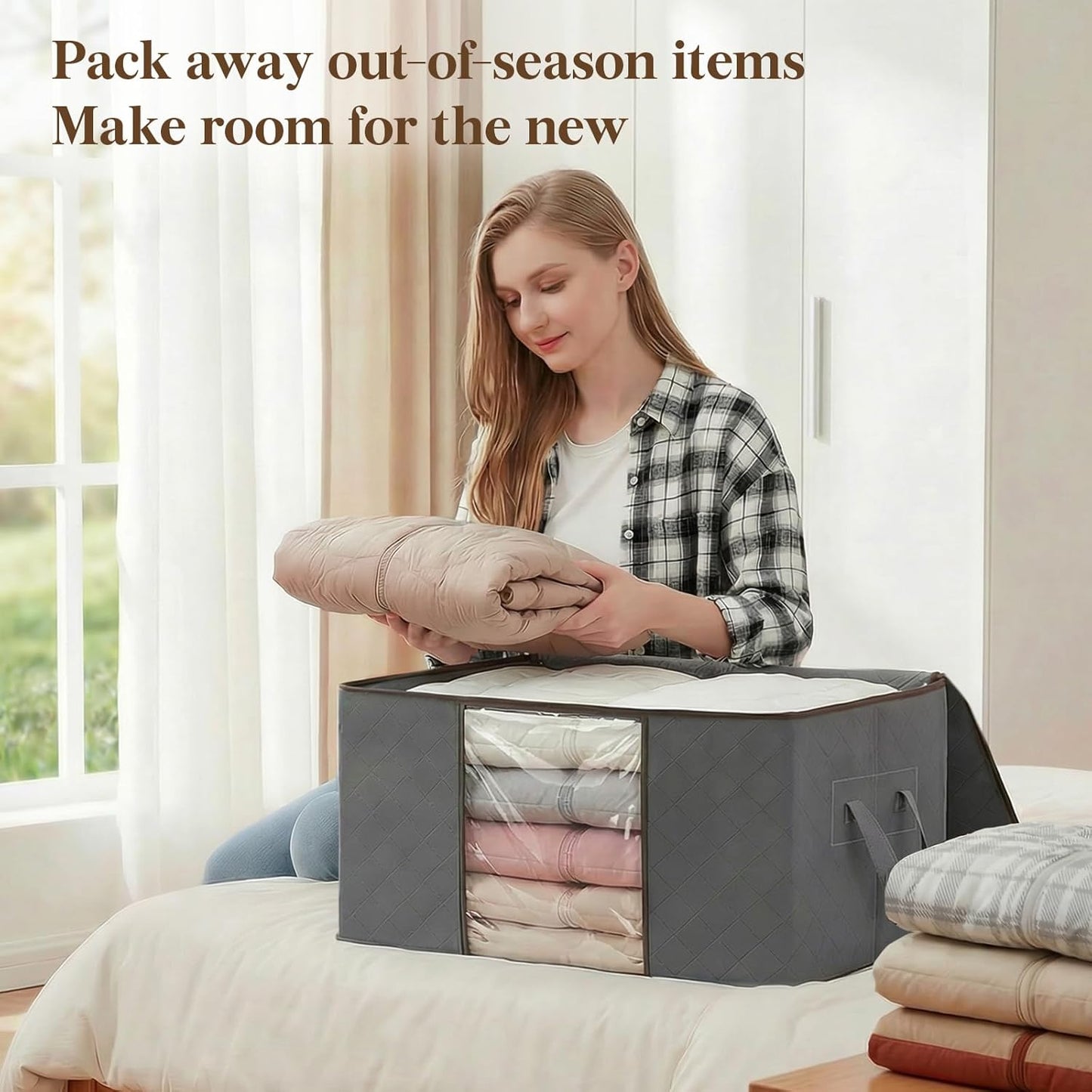 Lifewit 90L Large Storage Bags - 6 Pack Closet Organizers with Lids | Foldable Containers for Clothing, Bedding, Gray