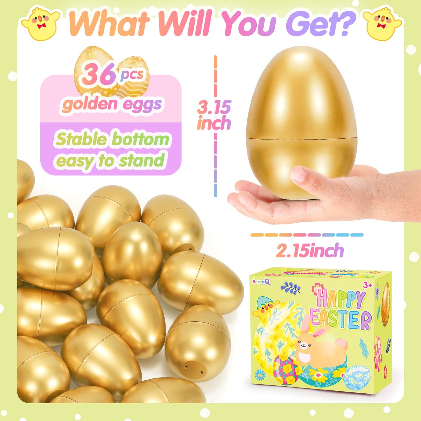 SevenQ Golden Plastic Easter Eggs Empty 36Pcs 3.15" Fillable Easter Basket Stuffers Fidget Toy Easter Gifts for Kids Party Favors Pinata Treasure Box Candy Goodie Bags Fillers Egg Hunt Essentials