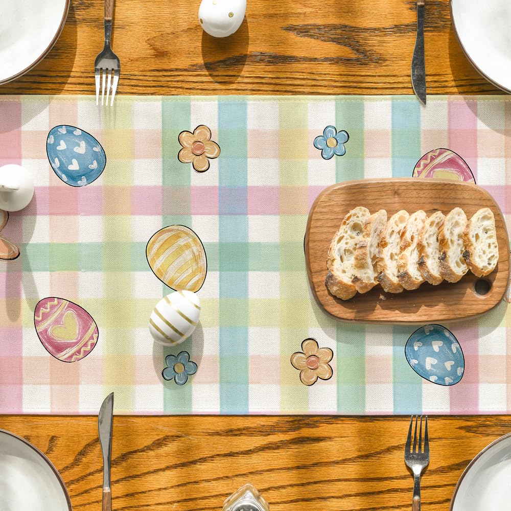 Artoid Mode Pink Yellow Buffalo Plaid Carrot Egg Truck Daisy Happy Easter Table Runner, Seasonal Kitchen Dining Table Decoration for Indoor Home Party 13x72 Inch