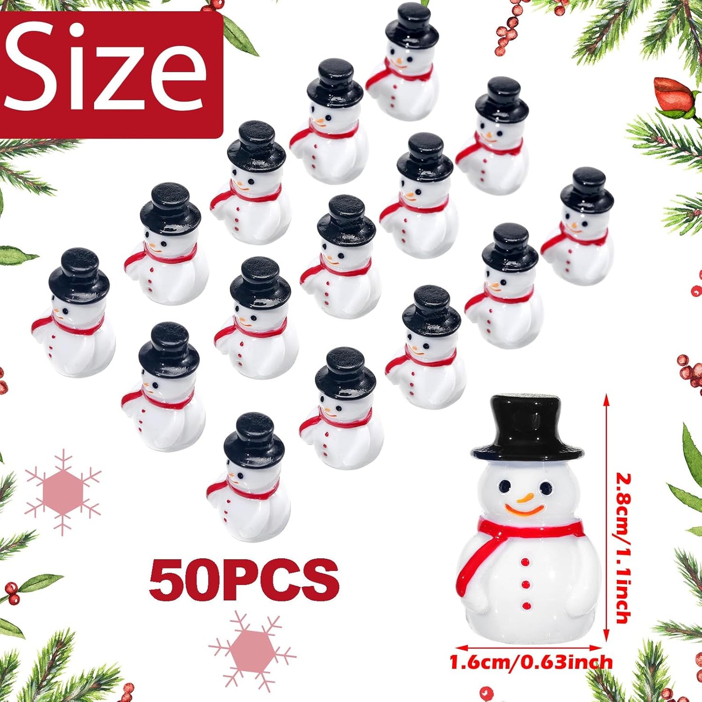Liliful Mini Snowman Figurines - 50 Pcs Winter Resin Decorations for Christmas | Tiny Ornaments for DIY Crafts