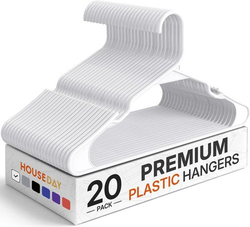 HOUSE DAY Plastic Hangers - 20 Pack White Non-Slip Clothes Hangers for T-Shirts, Dresses & Coats | Space-Saving Design