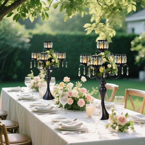 Crystal Candle Holder by [Brand Name] - 5-Arm Black Metal Design | 22-Inch Tall Wedding Centerpiece