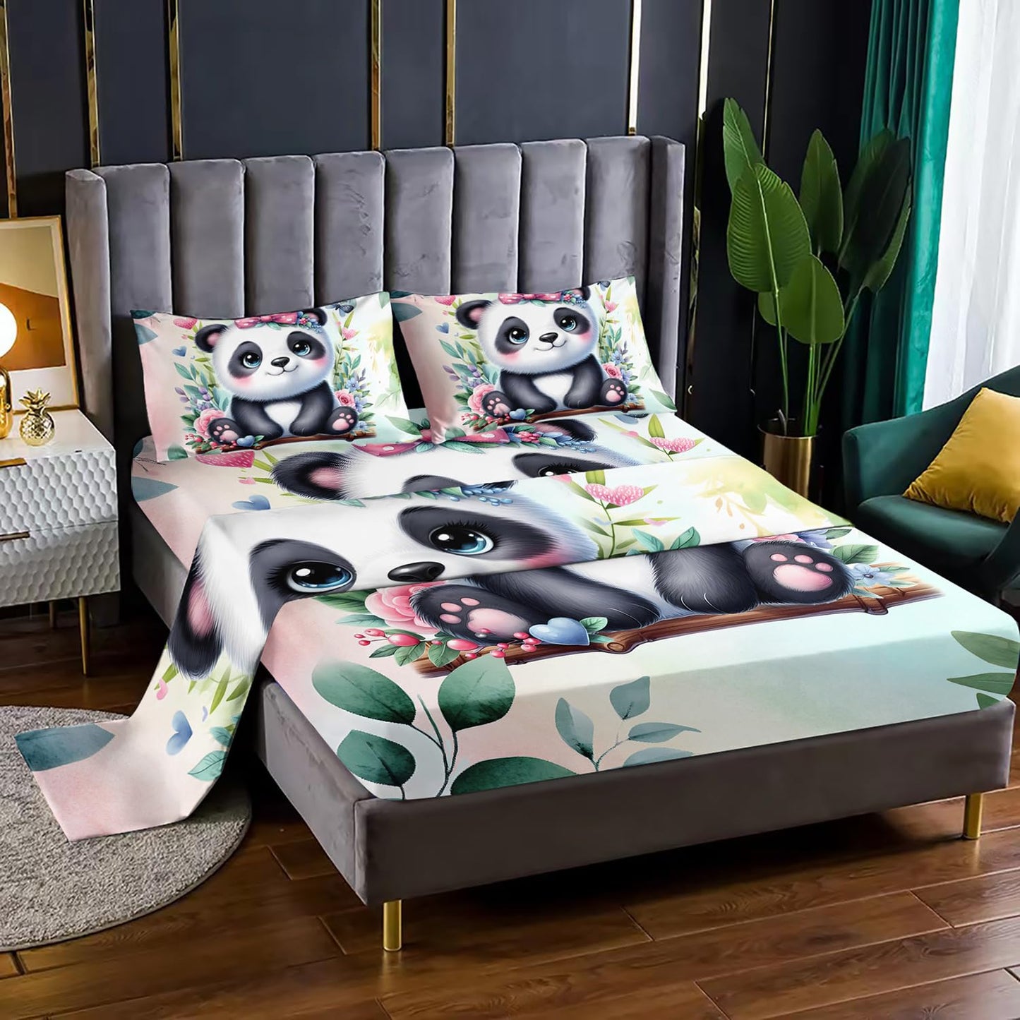 XYNHML Kawaii Black White Panda Sheet 4Pcs Queen Tie Dye Wild Animal Flower Bear Bedding Set for Kid Teen Girl Boy Swing Butterfly Botanical Room Decor with 1 Flat Sheet+1 Fitted Sheet+2 Pillowcases