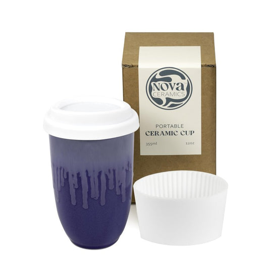 NOVA CERAMICS Ceramic Tumbler– Blue Ceramic Mug – Microwave & Dishwasher Safe Coffee White & Orange Tumbler - Leak-Proof Coffee Travel Mug – 12oz – Neptune