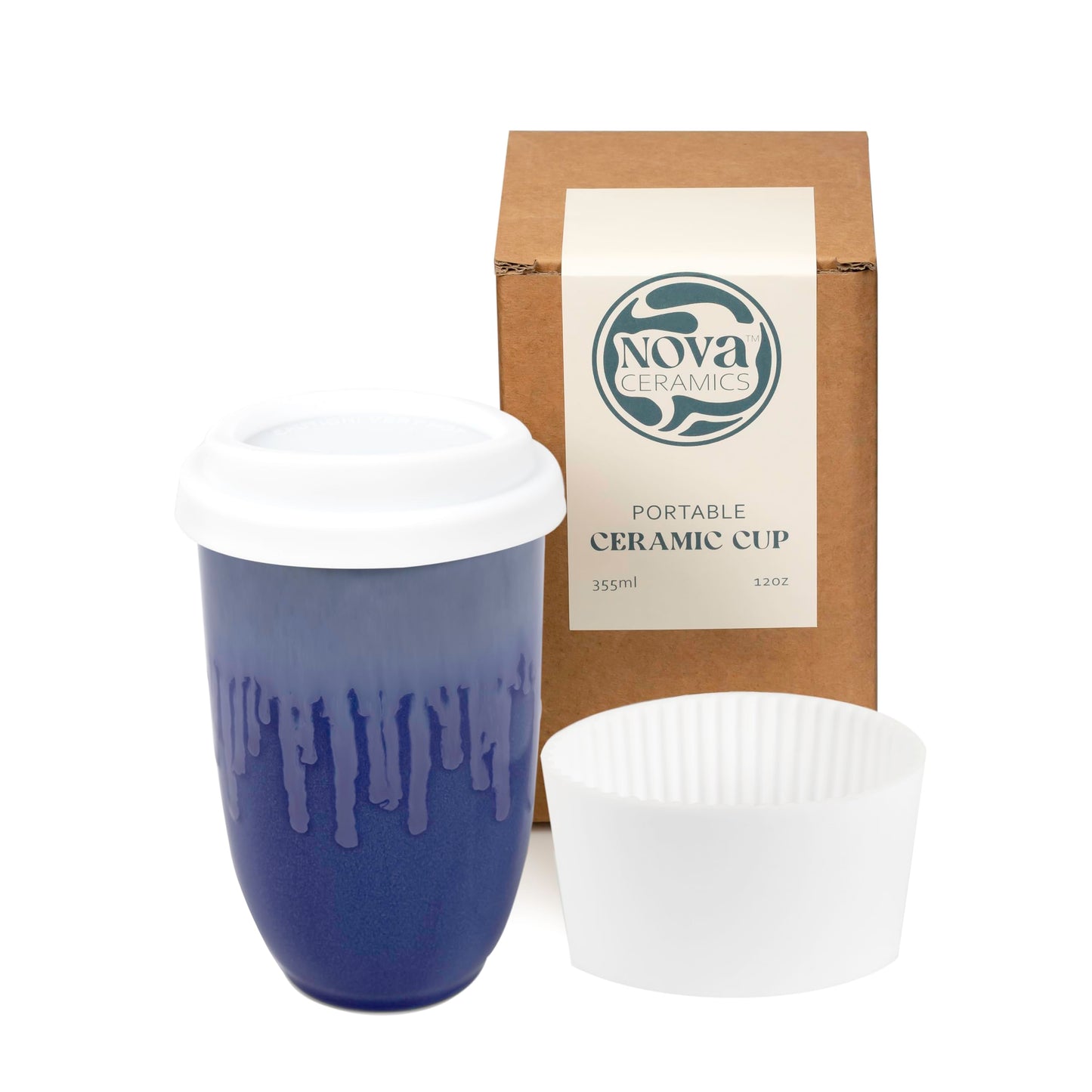 NOVA CERAMICS Ceramic Tumbler– Blue Ceramic Mug – Microwave & Dishwasher Safe Coffee White & Orange Tumbler - Leak-Proof Coffee Travel Mug – 16oz – Neptune