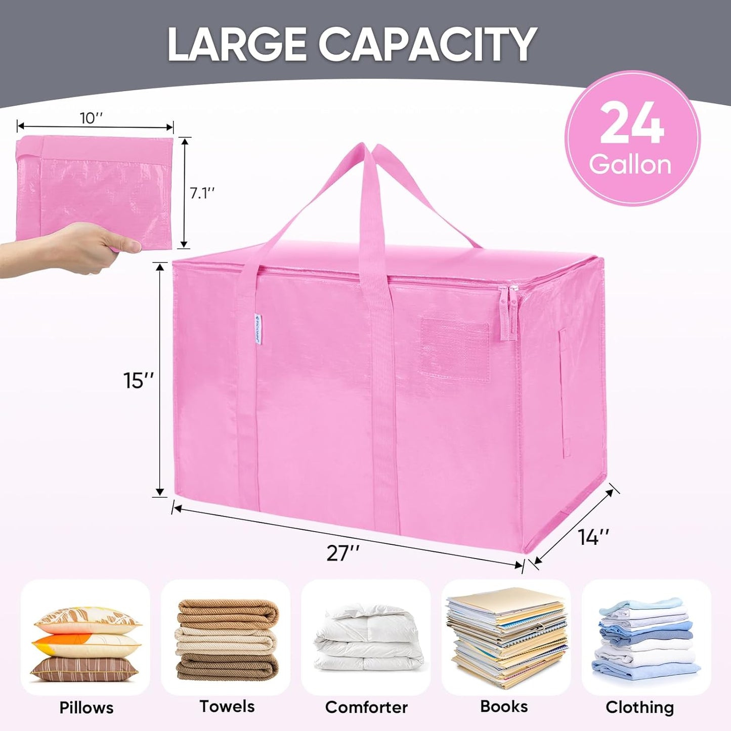 TICONN Extra Large Heavy-Duty Moving Bags - Durable Storage with Zippers & Handles | 6 Pack, Pink