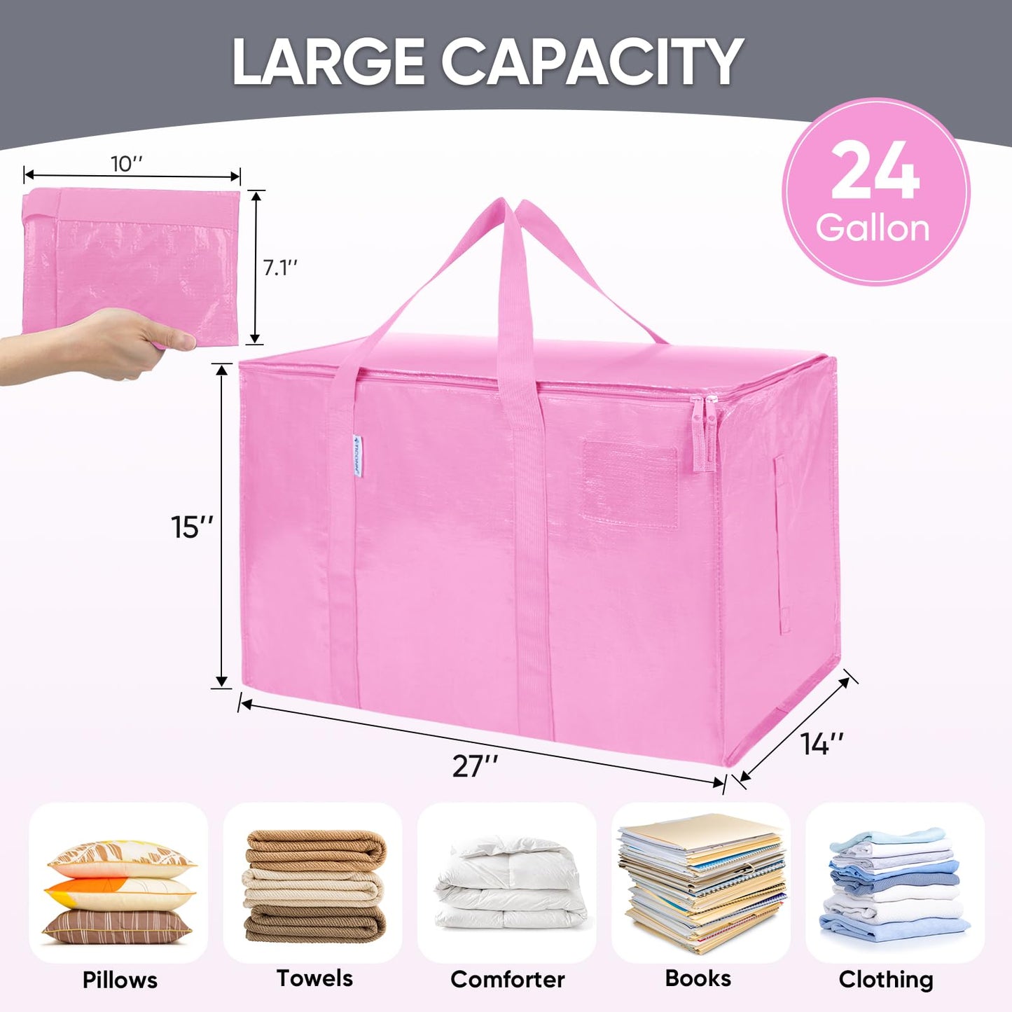TICONN 8 Pack Extra Large Moving Bags Heavy Duty with Zippers & Carrying Handles, Durable Storage Bags Moving Boxes for Closet Organizers and Storage (8 Pack, Pink)