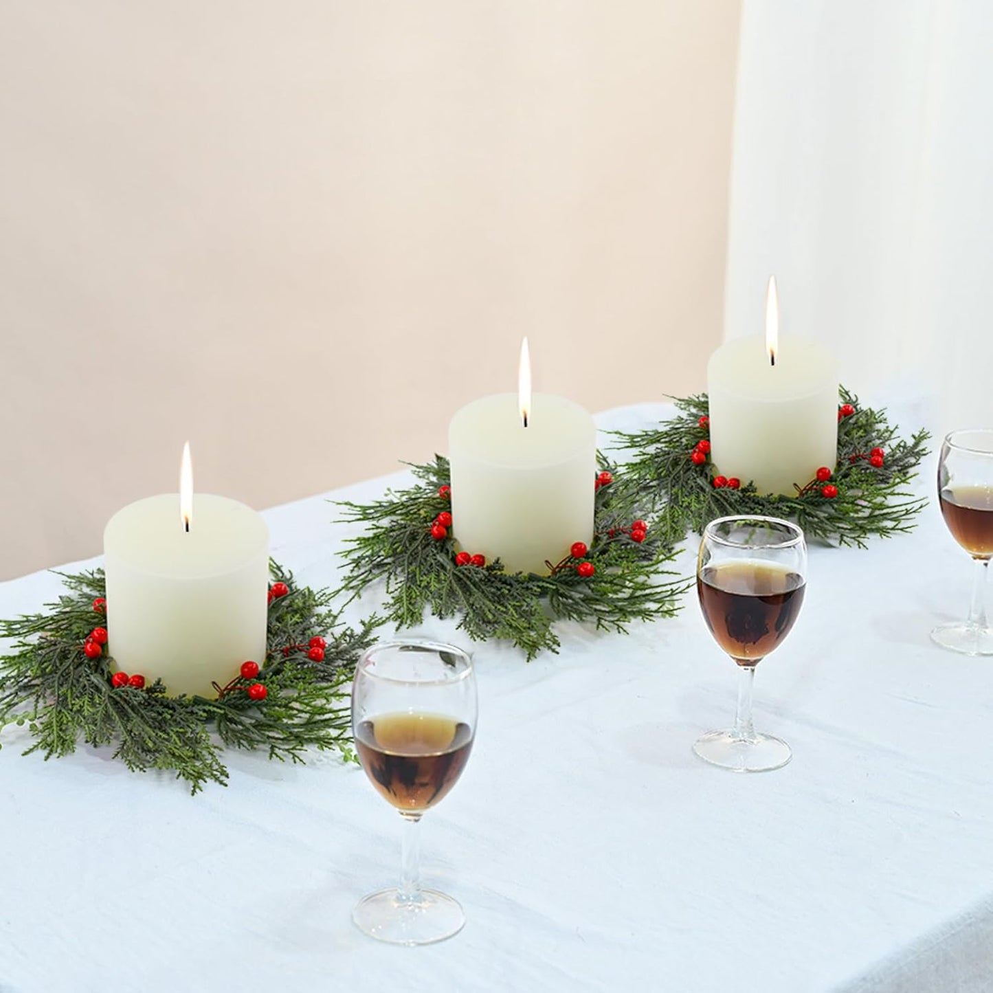 Skiennix Christmas Candle Rings - 4 PCS Artificial Berries & Pine Needles Wreaths for Home Decor