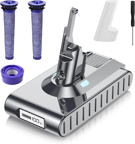 POWTREE 8000mAh Battery Replacement for Dyson V8 | Includes 2 Filters & 3 Screws - Compatible with SV10 Models