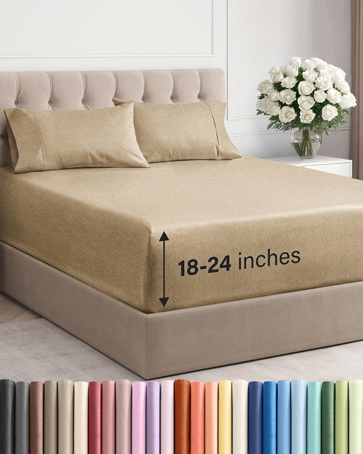 Skiennix Extra Deep Twin Sheet Set - 4-Piece Breathable Cooling Bedding - Soft, Wrinkle-Free Heathered Tan