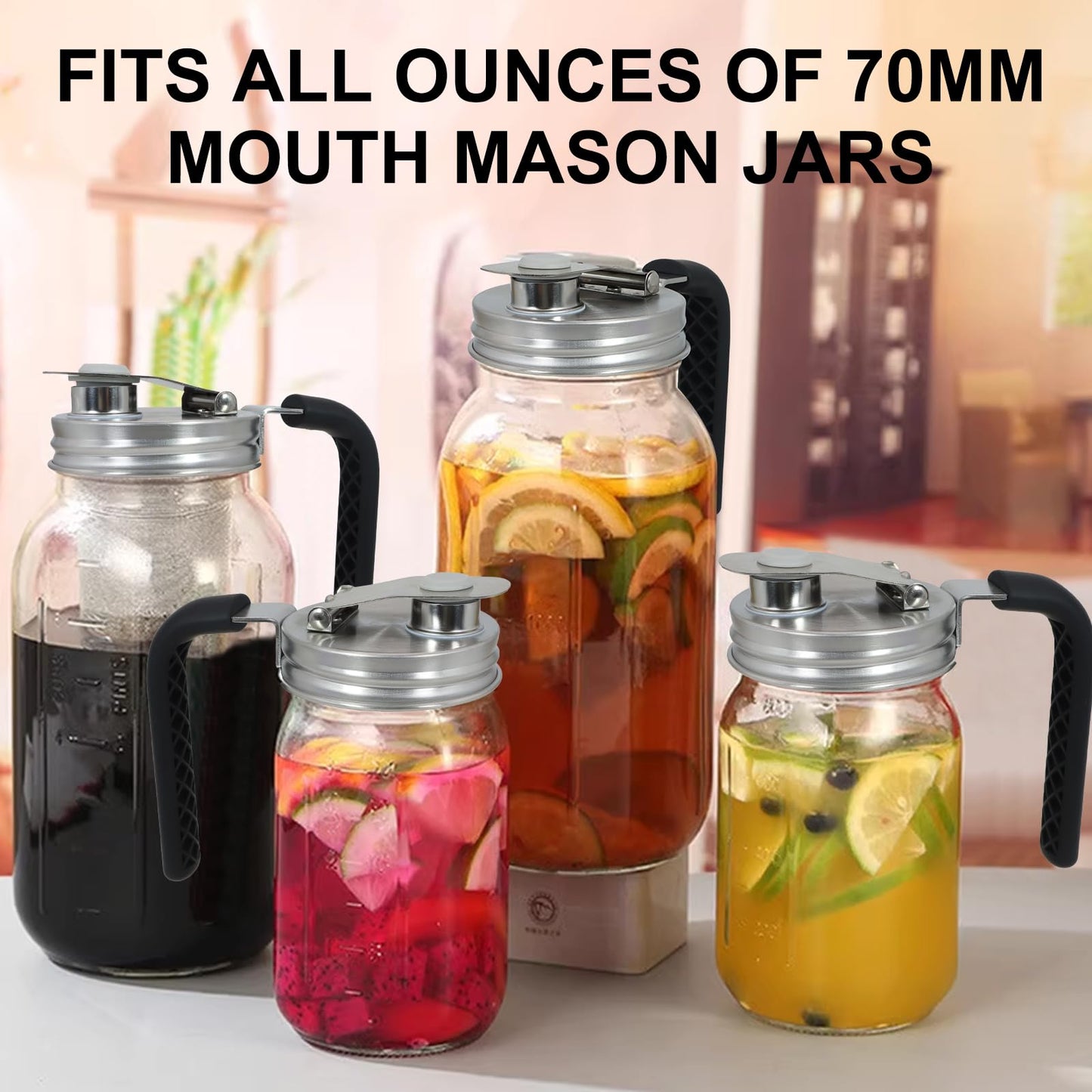 2 Pack Mason Jar Pour Spout Lid Mason Jar Pitcher Lid With Handle for 70MM Ball Mason Jars Leak Proof Seal for Drinking Salad Dressing & Food Storing