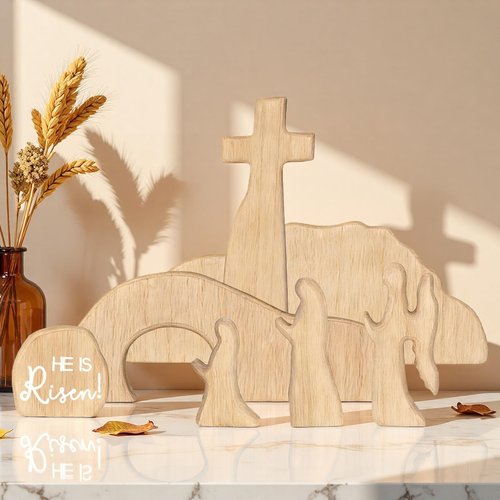 Empty Tomb Easter Scene and Cross Christian Decoration, Wooden Easter Jesus Resurrection Scene with Cross for Tray, Jesus Nativity Set for Religious Decorations, Home Office Mantel Christian Decor