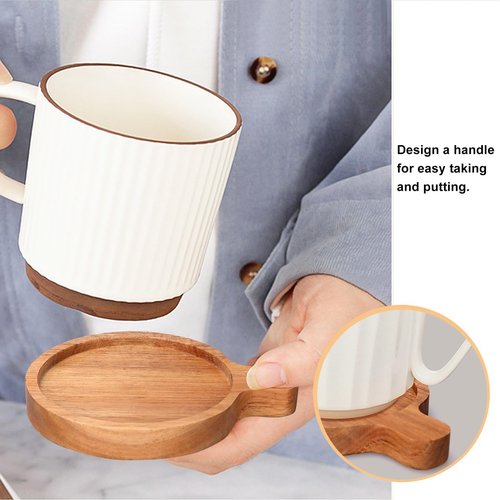 Best Wooden Handle Coasters Set of 4 with Holder Coffee Table Decor Acacia Wood Coaster for Living Room Modern Cup Coaster for Drink Home Kitchen Dining Accessories Bar Farmhouse Outdoor Decorative
