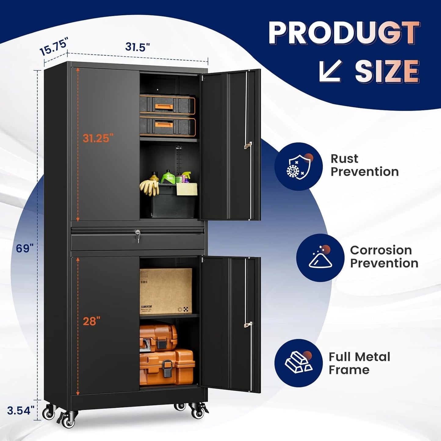 Yizosh Metal Garage Storage Cabinet - Locking Doors, Adjustable Shelves & Rolling Design | 73" Black