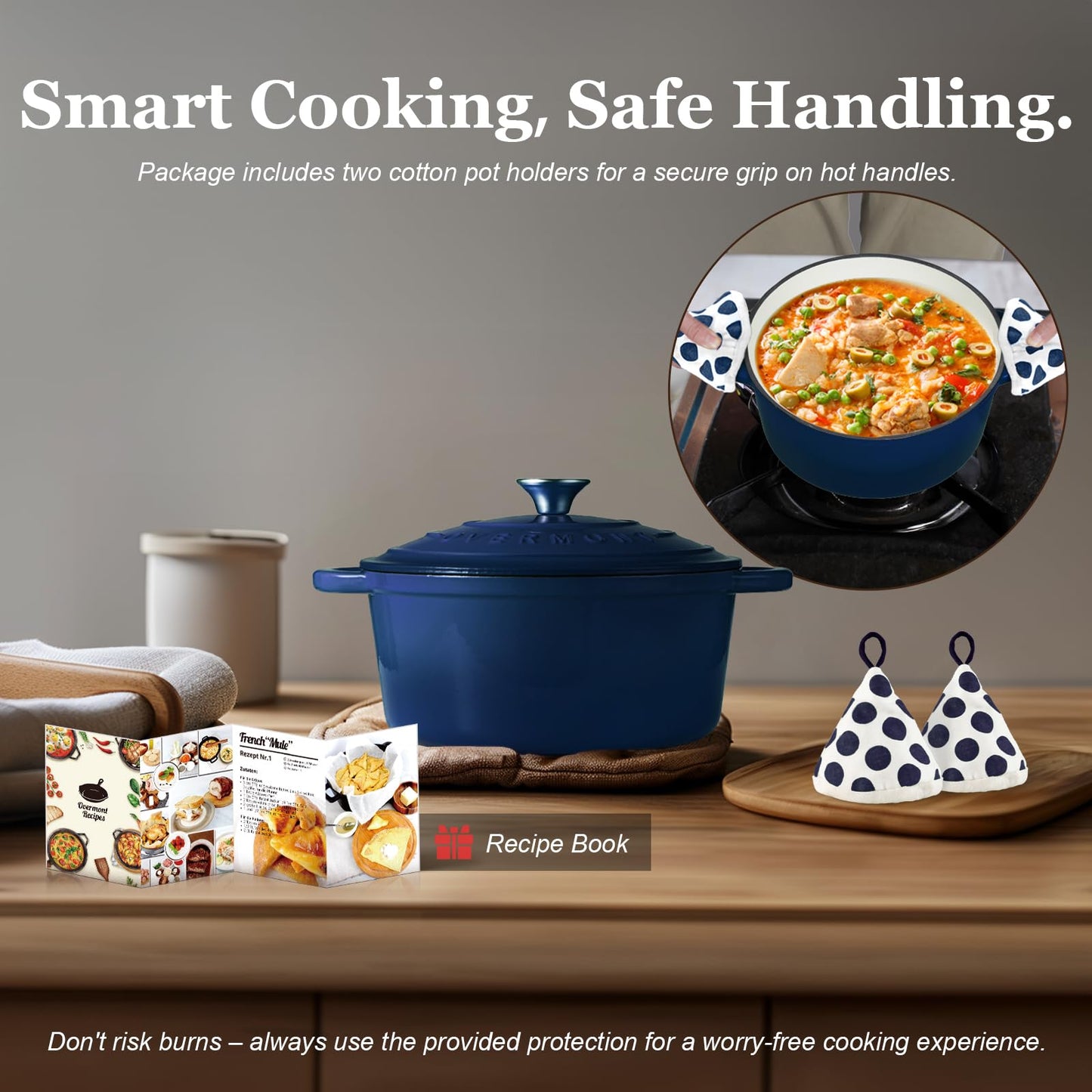 Overmont Enameled Cast Iron Dutch Oven - 5.5QT Pot with Lid Cookbook & Cotton Potholders - Heavy-Duty Cookware for Braising, Stews, Roasting, Sourdough Baking Indigo Blue