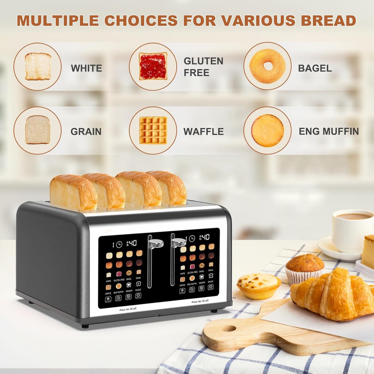 Skiennix 4-Slice Toaster - Touch Screen Control, 8 Shade Settings, Dual Panel, 1650W - Grey Finish