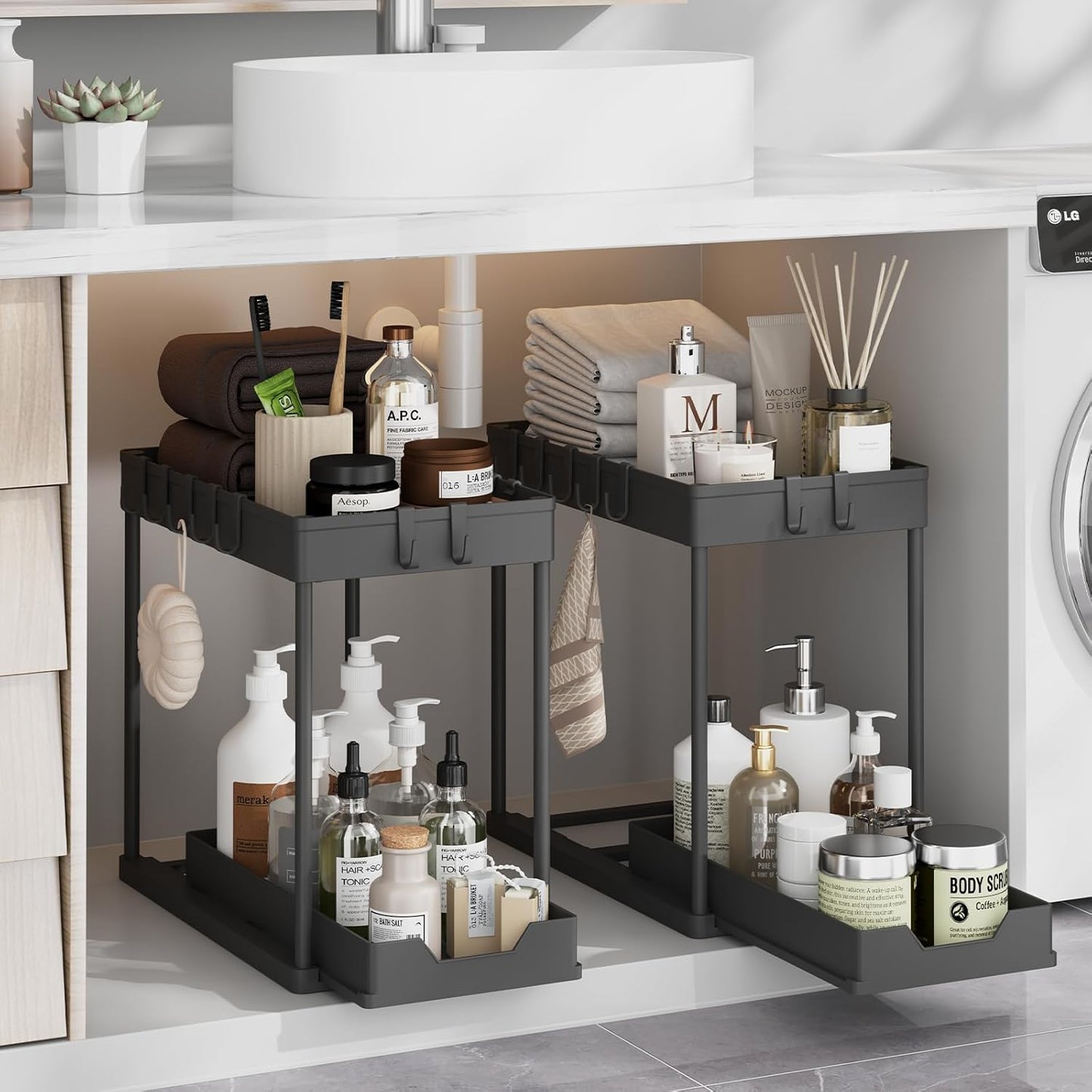Under Sink Organizer - 2 Pack Bathroom Storage with Pull-Out Sliding Drawers | 12.8 Inch, Black