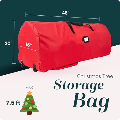 Handy Laundry Christmas Tree Storage Bag with Wheels - Heavy Duty Zippered Container for 7.5 ft Tree | Red with Reinforced Handles & Pockets
