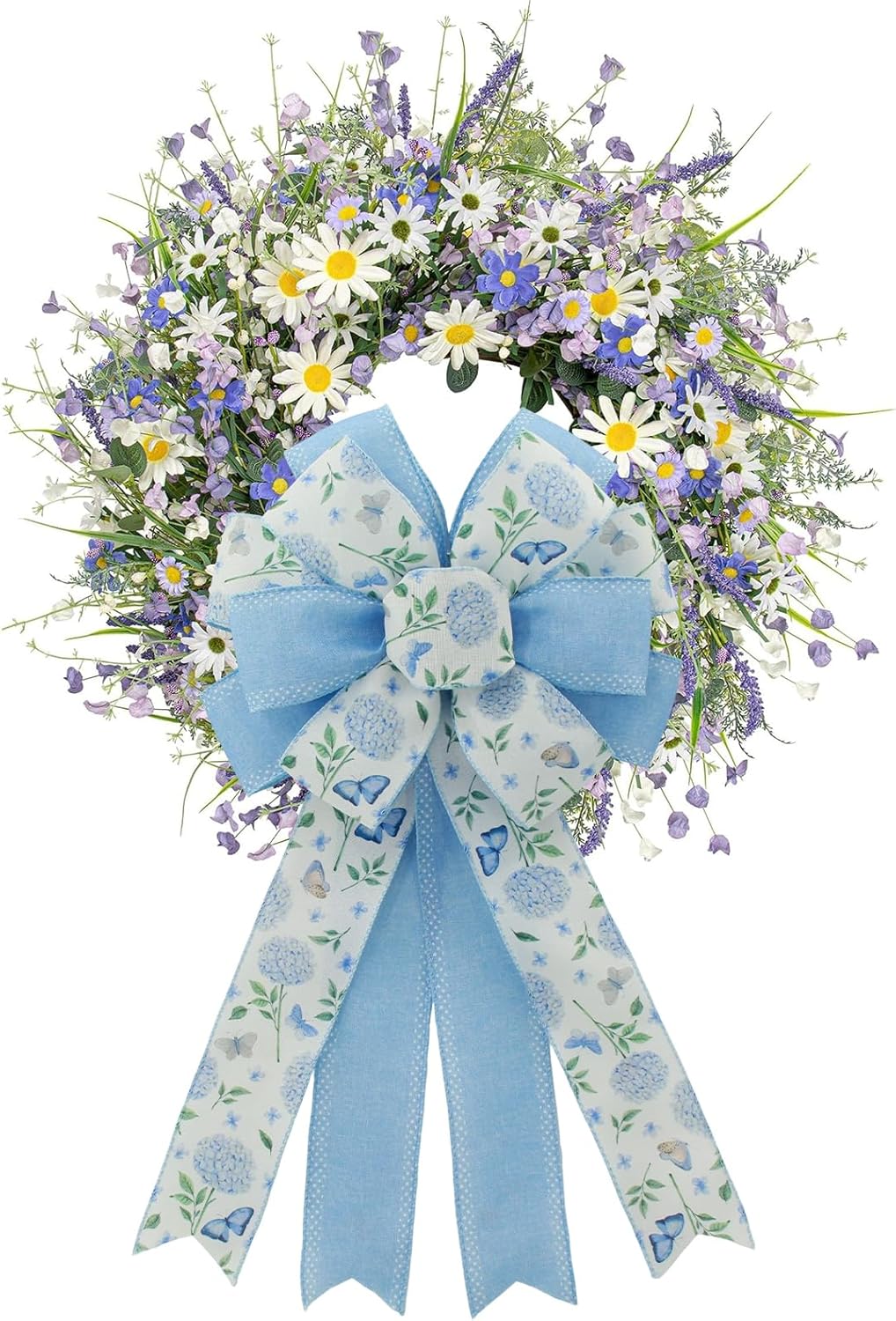 Skiennix 20.87 Inch Large Spring Bow - Blue Hydrangea & Butterfly Burlap Ribbon for Easter Decor | Indoor/Outdoor Use