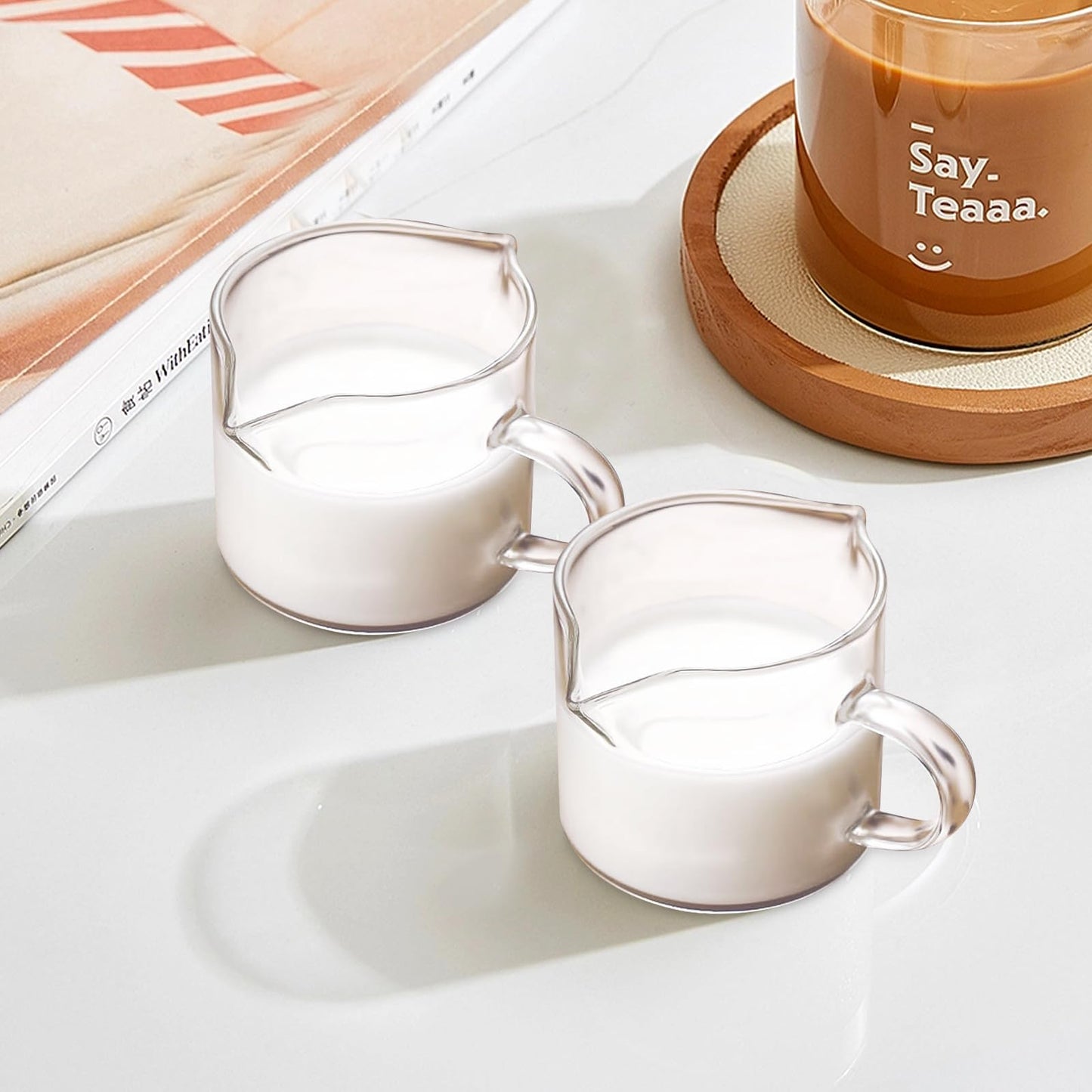 Cabipeove 2 Pcs Espresso Cups,4 Oz Espresso Shot Glass,Double Spouts Coffee Cups with Handle,Espresso Accessories,Clear Mugs for Milk