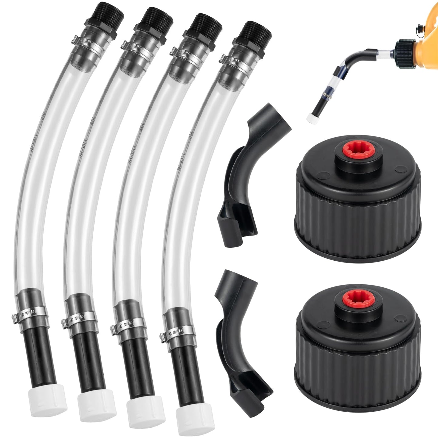 Gas Cans Hose Kit, 4 Racing Vp Fuel Jug Hoses with 2 benders and 2 caps, Racing Jugs Hose Quick Fill Spout Replacement, for Gas Cans, Racing Vp Fuel Jug and 5/5.5 Gallon Jugs
