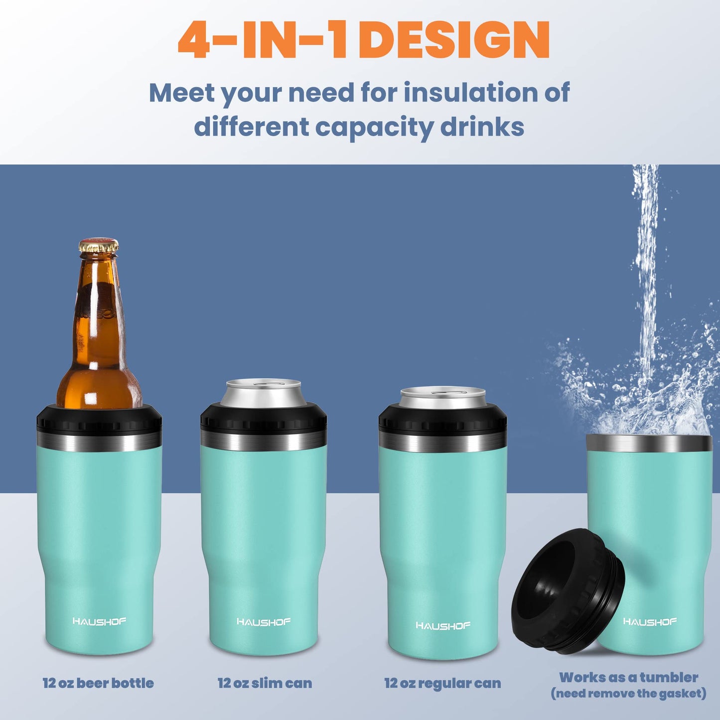 HAUSHOF 4 in 1 Insulated Stainless Steel Can Insulator, Fits Standard & Slim 12 oz Cans|Beer Bottles, Perfect for Outdoors