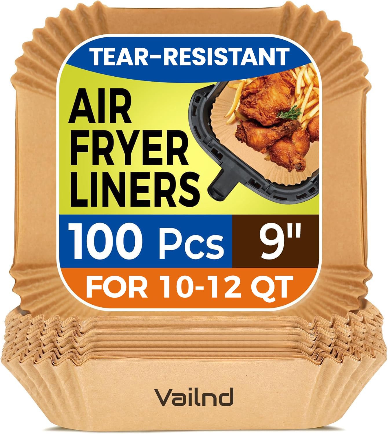 Vailnd Air Fryer Liners Disposable, 100Pcs 9 Inch Max Xl Large Cooker Airfryer Paper Liners, Oil Proof Parchment Sheets Square Basket Baking Liner for 8/10/11/12 QT Air Fryer Microwave