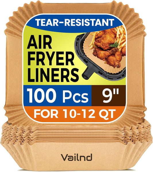 Vailnd Air Fryer Liners Disposable, 100Pcs 9 Inch Max Xl Large Cooker Airfryer Paper Liners, Oil Proof Parchment Sheets Square Basket Baking Liner for 8/10/11/12 QT Air Fryer Microwave