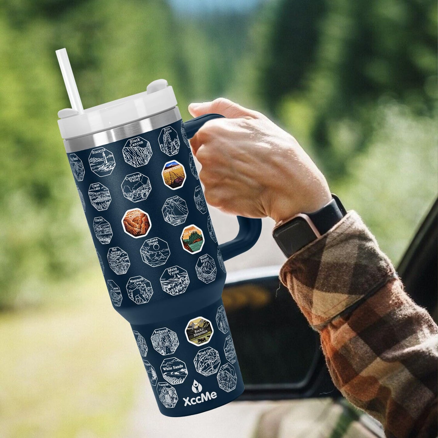 XccMe 63 National Parks Water Bottle with Stickers,40 oz Tumbler with Handle and Straw,2 Lids,40 oz Double Wall Insulated Tumbler,Stainless Steel Leak Proof Tumbler,Travel Coffee Mug (Blue)
