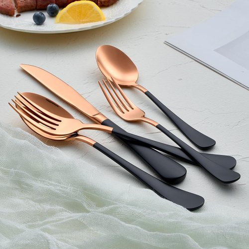 DINYWOW 20-Pieces Rose Gold and Black Silverware Sets for 4,Black Handle Stainless Steel Cutlery Set, Include Forks Spoons and Knives Set, Dishwasher Safe Utensil Sets for Home Restaurant