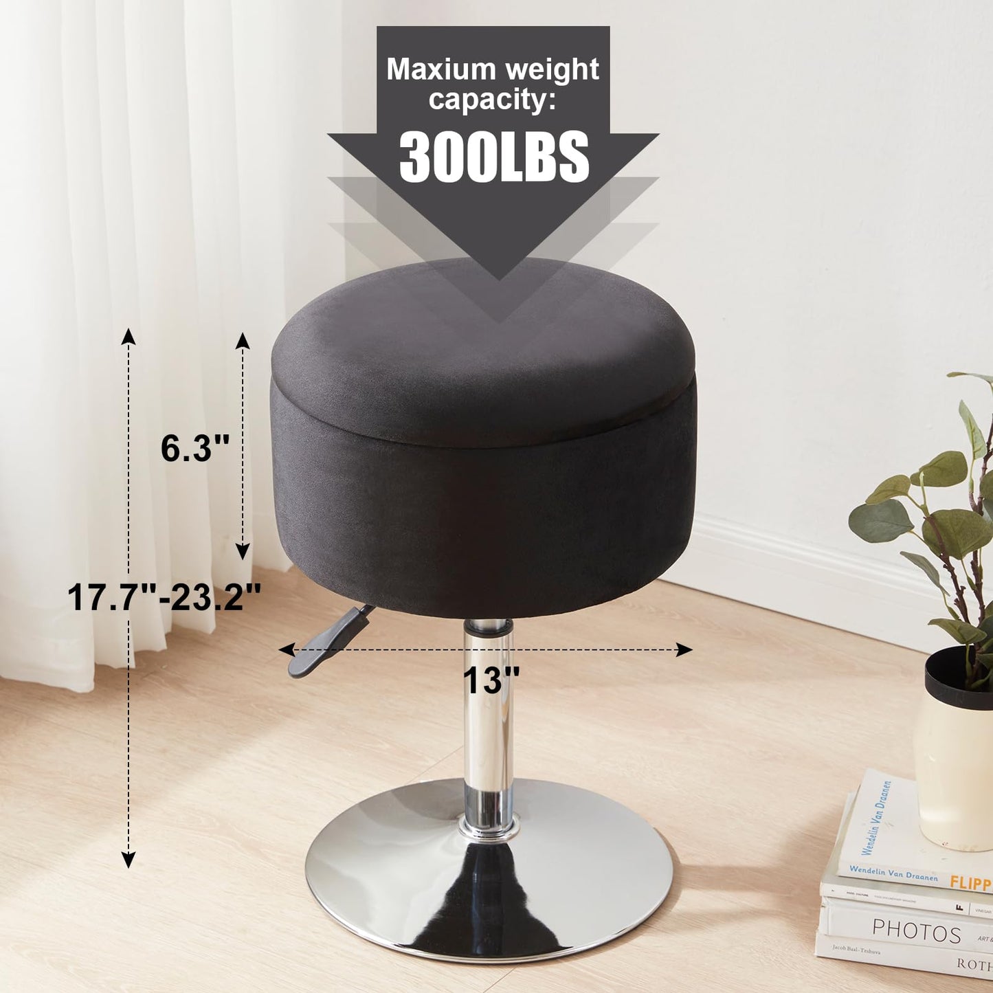 RUCUKEN Adjustable Ottoman Stool Black Vanity Stool Vanity Chair for Makeup Room Stool Chair for Vanity Stool with Storage Makeup Stools with Storage Swivel Makeup Chair for Bathroom Velvet