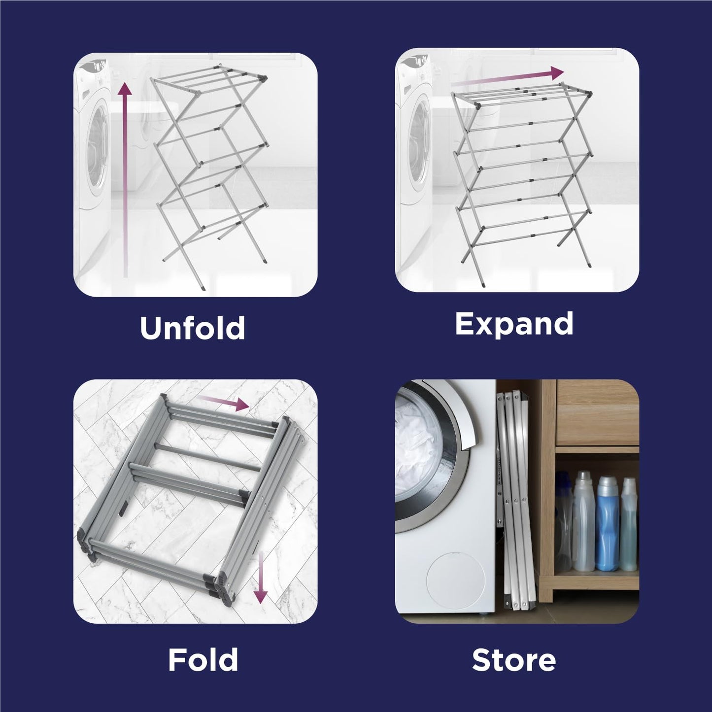 BLACK+DECKER 3 Tier Expandable Collapsing Foldable Laundry Rack for Air Drying Clothing, Space Saving Heavy Duty Lightweight Metal Drying Rack, Grey