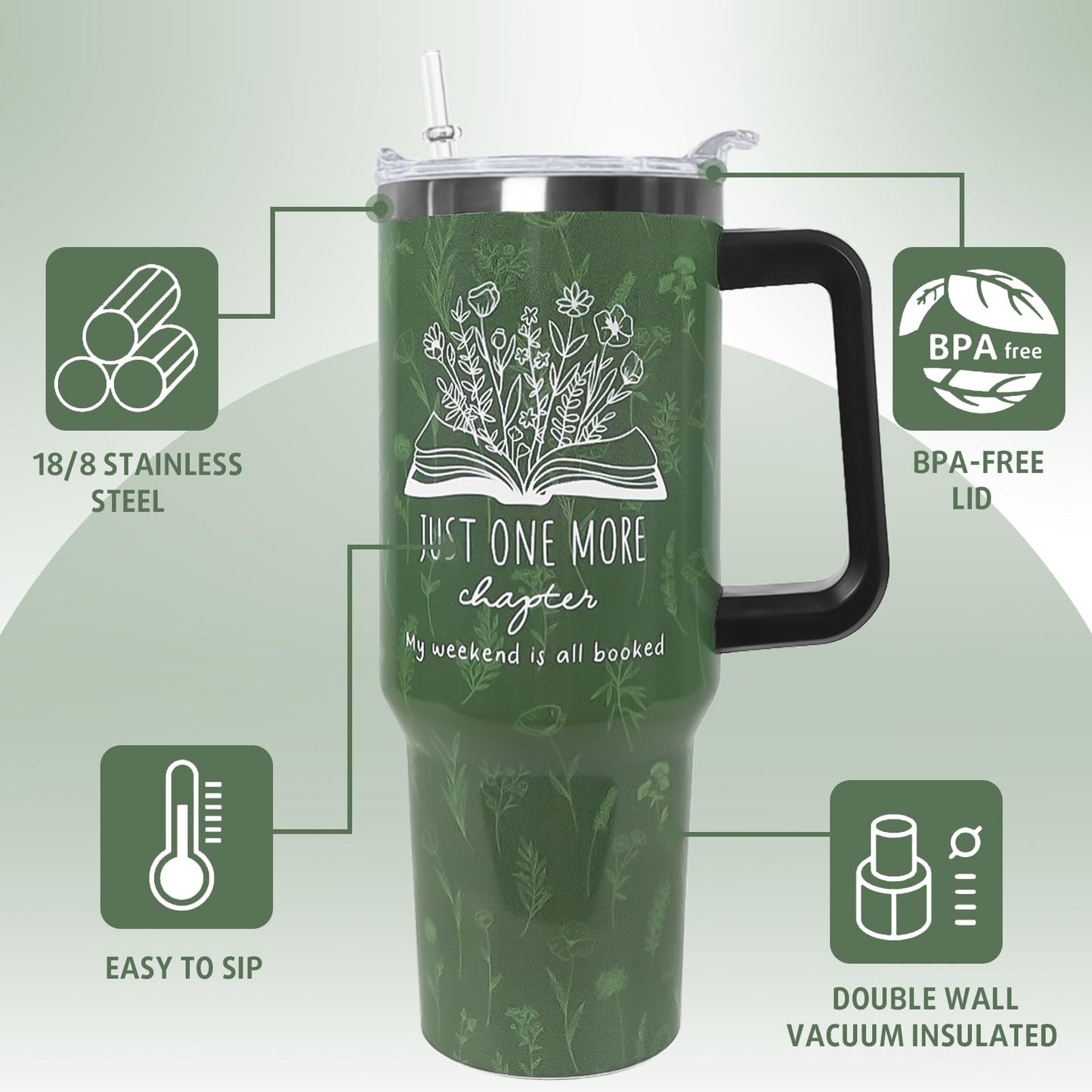 Nqhsionv Book Lovers Gifts 40oz Book Lover Tumbler with Handle and Straw Bookish Coffee Travel Mugs Insulated Cup Gifts for Women Readers,Reading,Bookish,Librarian,Books Accessories